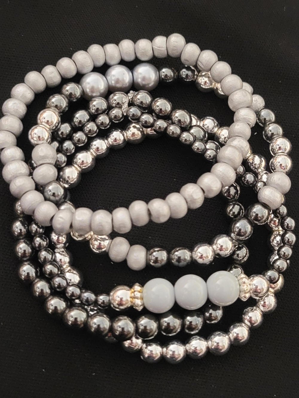 Stacked Silver and Light Gray Beaded Stretch Bracelet Set - Women Jewelry